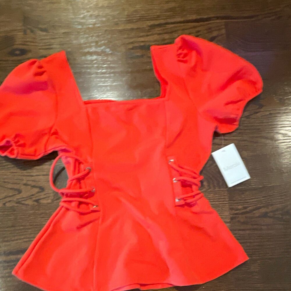 Meraki Women's Orange Square Neck Puff Sleeve Lace-Up Peplum Knit Top M